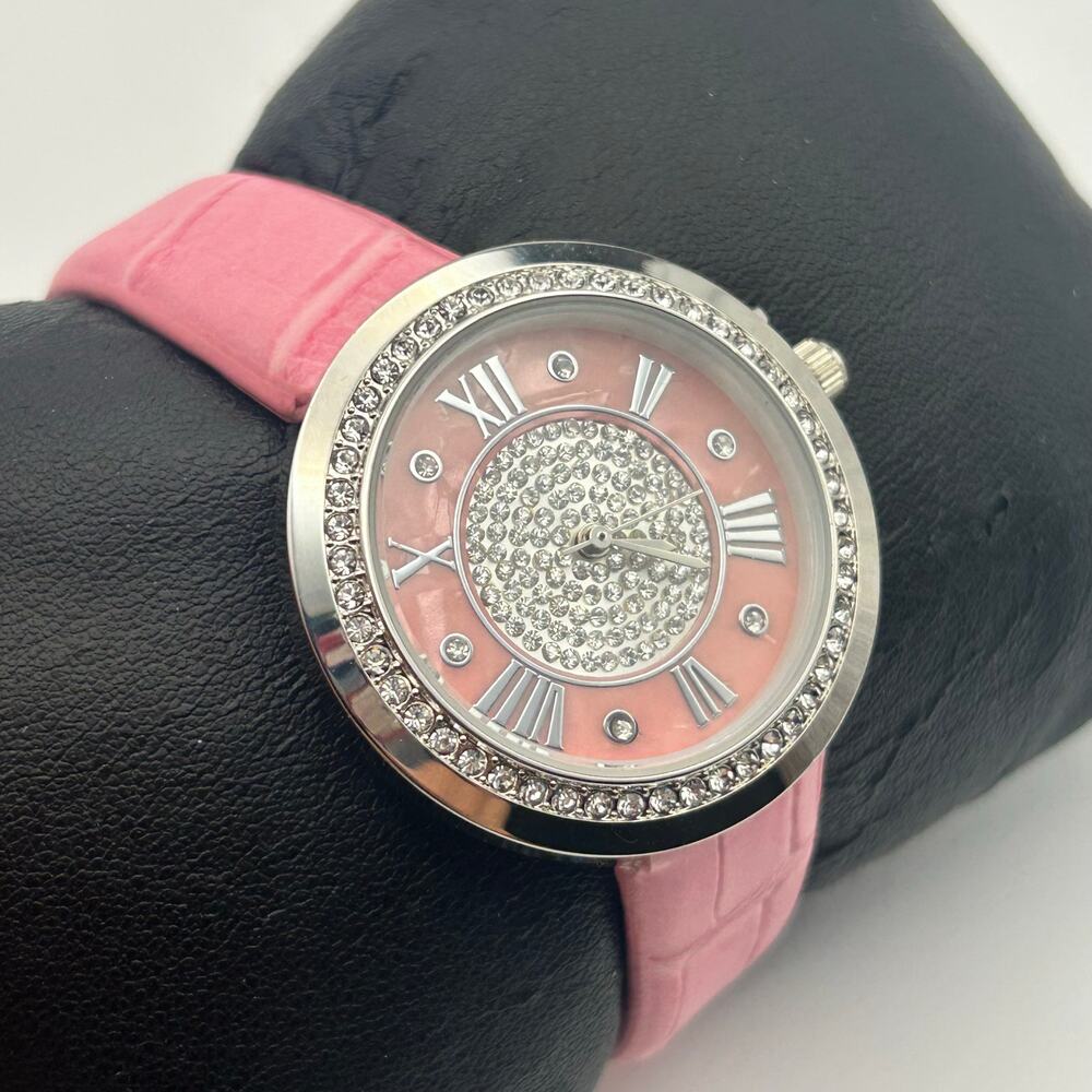 Genevex by Croton Women's Silver-Tone Pink Leather Band Quartz Watch New Battery - Picture 3 of 8